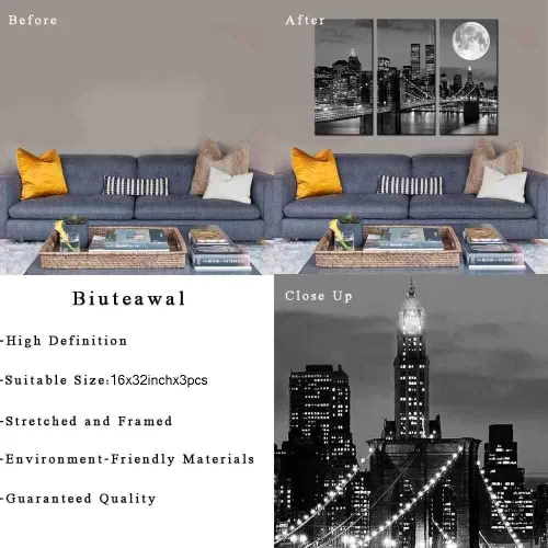 Vista 6 de Biuteawal Arte de pared de horizonte de Nueva York, puente de Brooklyn, luna y vista nocturna, lienzo impreso en lienzo de ciudad en blanco y negro