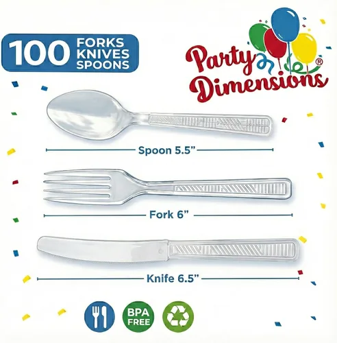 Vista 2 de Party Dimensions Caja combinada de cubiertos de plástico de 300 unidades, juego de cubiertos desechables de plástico transparente, 100 tenedores
