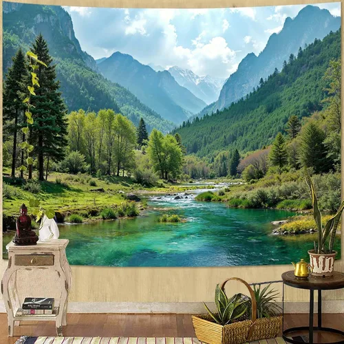Vista 17 de Zussun Tapiz de Bosque Natural de Montaña Tapiz Verde de Pino Luz Solar Selva para Dormitorio Estético Planta Paisaje de Montaña Tapices Pequeños