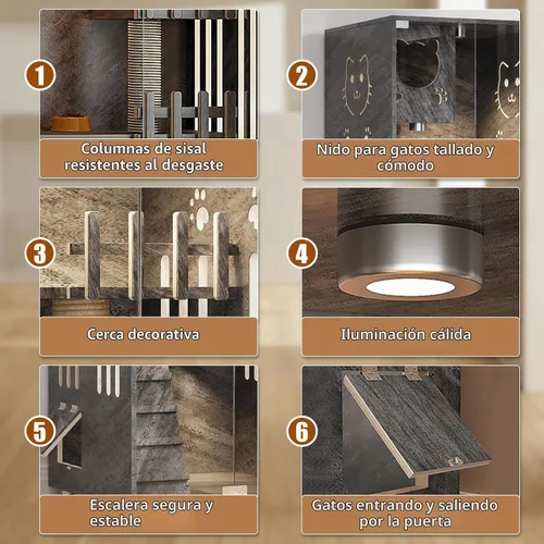 Vista 3 de Casa de Madera para Gatos de Gran Espacio, Condominio Cerrado para Gatos, Recinto para Gatos Interior/Exterior con Ruedas, Villa de Lujo