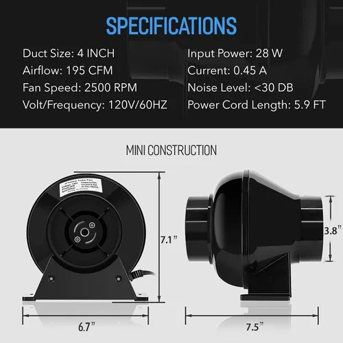 Vista 5 de iPower Ventilador de escape en línea de 4 pulgadas 195 CFM, filtro de carbono de aire con gancho, conducto flexible de 8 pies, colgador de cuerda