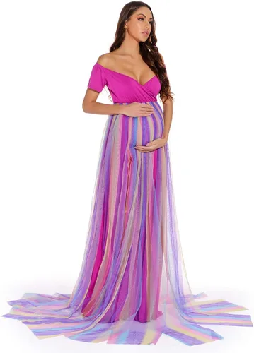 Vista 5 de ZIUMUDY Vestido de maternidad con hombros descubiertos para sesión de fotos, vestido de baby shower, vestido de maternidad de tul de manga corta