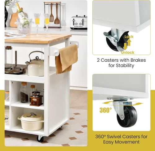 Vista 6 de Giantex Carrito de isla de cocina con ruedas, mesa de isla rodante con parte superior de madera de caucho, cajón, estante para especias de 3