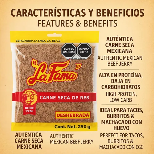 Vista 6 de La Fama Machacado Carne Seca De Res Carne Seca De Res Carne Rallada 8.82 oz Desde 1926