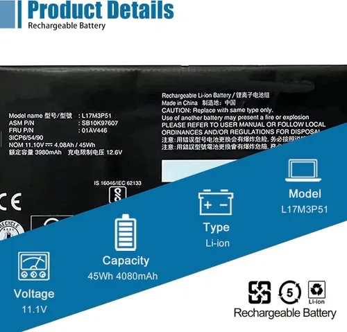 Vista 2 de L17M3P51 01AV446 - Batería de repuesto para laptop Lenovo ThinkPad E480 E485 E495 E580 E585 Series Notebook SB10K97607 L17C3P51 SB10K97609 01AV448