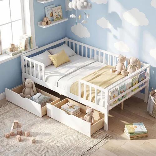 Vista 12 de KOMFOTT Base de cama individual de madera con rieles de valla y 2 cajones extraíbles, marco de cama individual para niños con estante lateral,