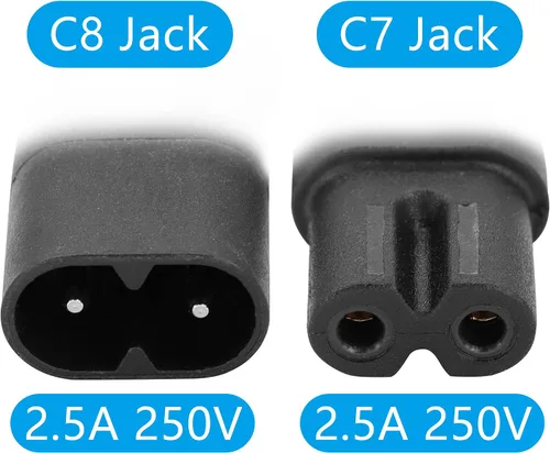 Vista 3 de Adaptador de ángulo recto IEC 320 C7 a C8, adaptador de corriente alterna de curva lateral de 90 grados, convertidor de 250 V 2.5 A figura 8 macho a