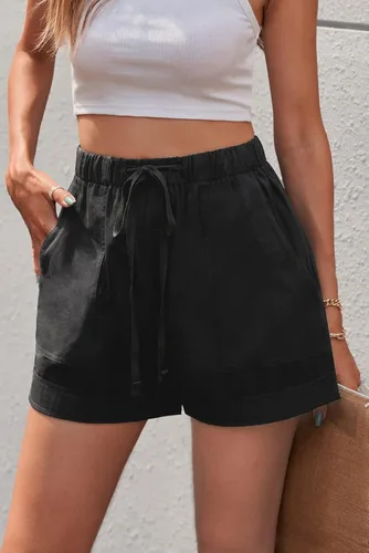 Vista 2 de Lopie Pantalones cortos casuales de verano para mujer, de algodón, cómodos, con cordón, cintura elástica, bolsillos, para descansar
