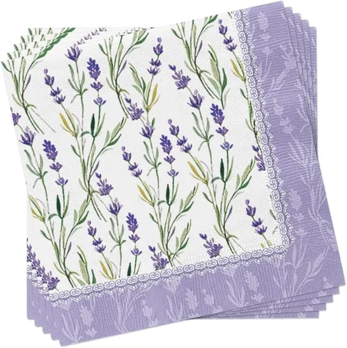 Vista 2 de Servilletas de papel de lavanda Meadow 40 piezas de 6.5 x 6.5 pulgadas, flores moradas, servilletas decorativas, servilletas de lavanda