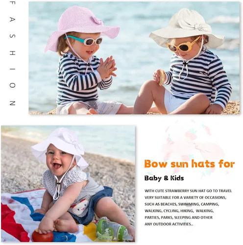 Vista 7 de Sombrero de sol para bebé niña con UPF 50+ sombrero de playa ajustable para exteriores con ala ancha