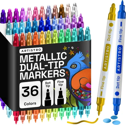 Vista 26 de ARTISTRO 5 marcadores negros de pintura acrílica de doble punta, juego de bolígrafos de pintura con puntos y puntas finas para tela, rocas, vidrio