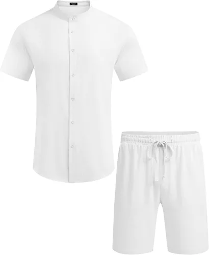 Vista 5 de COOFANDY Conjunto de lino de 2 piezas para hombre, camisa y pantalones cortos con cuello de banda casual