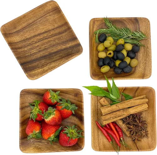 Vista 9 de Platos cuadrados de madera de acacia, 6 pulgadas, postre, aperitivos y pan