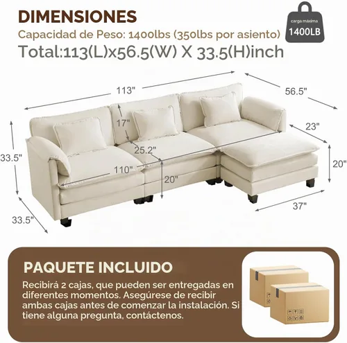 Vista 2 de ELUCHANG Sofá Seccional Modular en Forma de L de 113 pulgadas, cómodo sofá nube de 4 asientos con otomana móvil, sofá de asiento profundo para sala