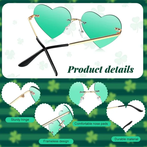 Vista 4 de Gafas de sol en forma de corazón, 2 pares de lentes de sol sin montura para mujer, con marco de metal con protección UV (verde), Verde
