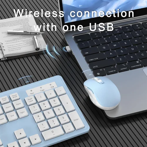 Vista 4 de MPTOG Combo de teclado y mouse inalámbricos, teclado de oficina de tamaño completo de 104 teclas con 15 teclas de función, teclado numérico