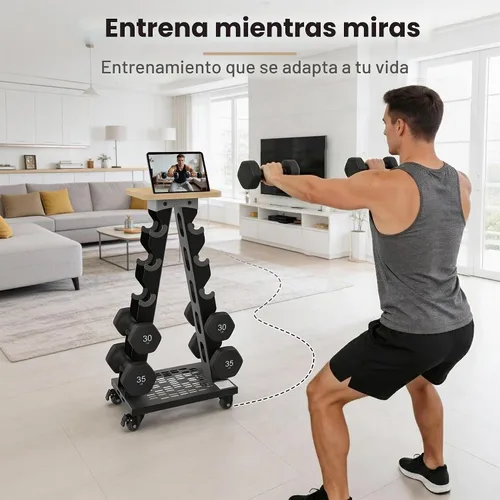 Vista 7 de Estante vertical para mancuernas, estante de peso de 5 niveles, ruedas, capacidad de 300 libras