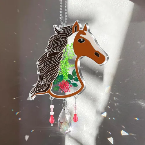 Vista 2 de KY&BOSAM Atrapasoles de cristal pintado a mano con cabeza de caballo, campanilla de viento con flor prensada incrustada en ventana de cristal, Día