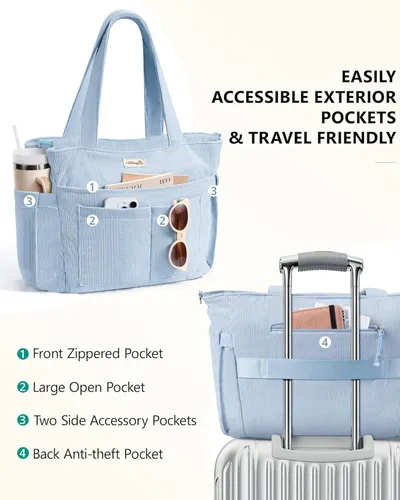 Vista 7 de Bolsa tote de pana para mujeres, 17 bolsillos para laptop de trabajo, ligera, para maestras, enfermeras, bolsa de hombro bíblica para escuela