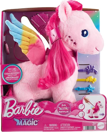 Vista 6 de Mattel Barbie A Touch of Magic - Juguete de peluche Pegaso Walk & Flutter, peluche para caminar de 11 pulgadas con accesorios para el cabello