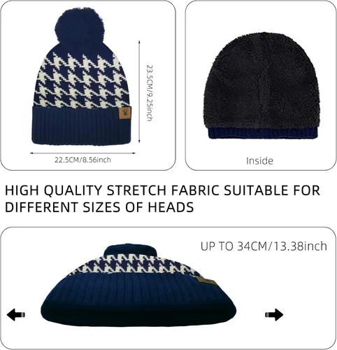 Vista 2 de Conjunto de gorro de invierno cálido para mujer, bufanda larga, guantes para pantalla táctil, clásico a cuadros, de punto calavera, bufandas