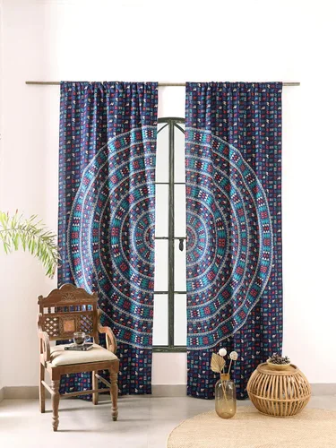 Vista 2 de Popular Handicrafts Cortinas hippie azul con mandala de camello de 100 pulgadas de largo para sala de estar o dormitorio, juego de 2 paneles