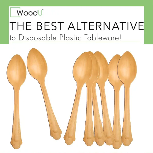 Vista 7 de Cucharas de madera desechables de 7.75 pulgadas - Cuchara para servir para comer - Juego de cubiertos alternativa a las cucharas de plástico