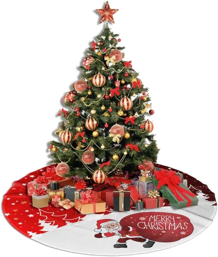 Vista 4 de Falda de árbol de Navidad, adornos rojos para árbol de Navidad de felpa suave blanca con patrón nevado para decoraciones de fiesta de vacaciones, 36