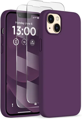Vista 18 de Funda delgada para iPhone 13 de 6.1 pulgadas, silicona líquida a prueba de golpes, con forro de microfibra suave antiarañazos, 2 protectores