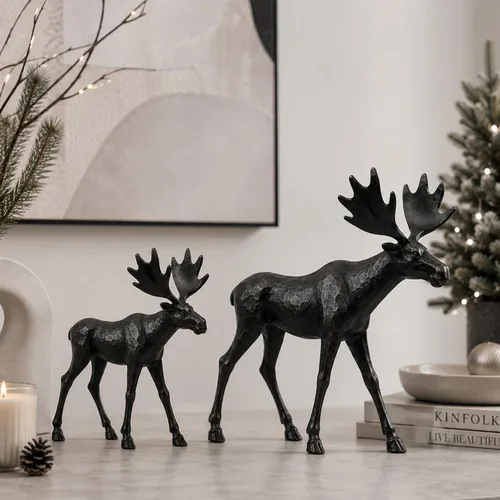 Vista 13 de 2 piezas de decoración moderna de Navidad, decoración neutral de Navidad de renos, estatuas de ciervos de resina, figuras de renos, estatuas