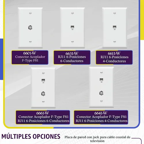 Vista 5 de Conector de tipo F para teléfono y CATV, más conectores hembra RJ11 con placas para pared, Blanco, 1
