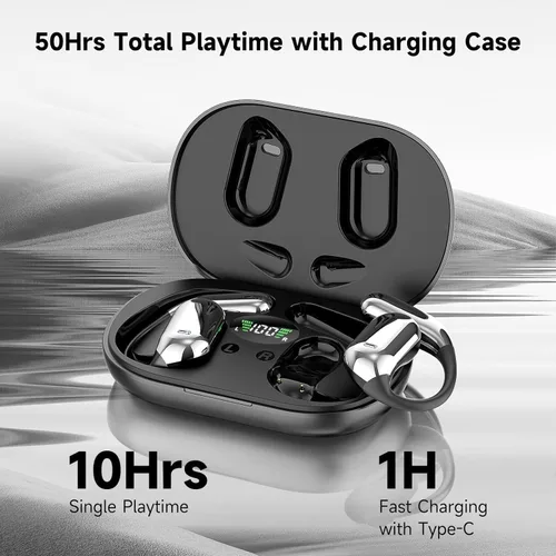 Vista 2 de Auriculares inalámbricos con clip de oreja abierta, Bluetooth 5.4, micrófono integrado, IPX7 impermeable, pantalla LED, ganchos para los oídos