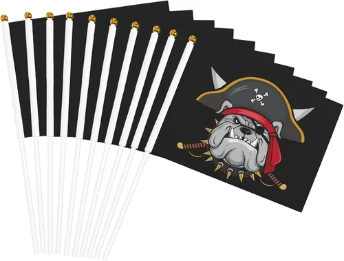 Vista 3 de Bandera de mano de bulldog pirata 5.5x 8 pulgadas, bandera pequeña de palo mini, para interiores y exteriores, decoración para fiestas, paquete de 10