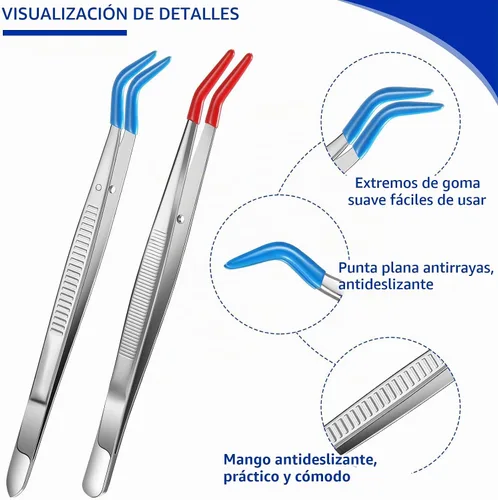 Vista 3 de Honoson - Pinzas curvadas con punta de goma, 2 piezas, color rojo, azul