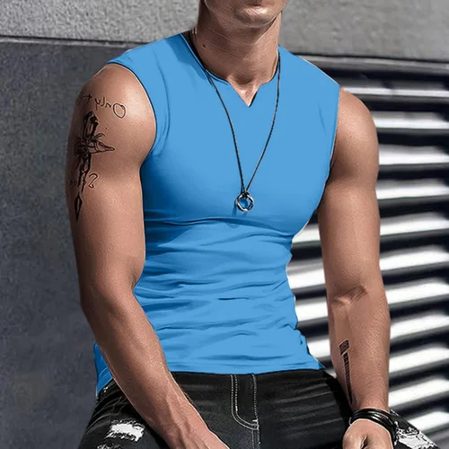 Vista 3 de Camiseta sin mangas con cuello en V para hombre, ligera, atlética, de color sólido, para entrenamiento, fisicoculturismo, musculación