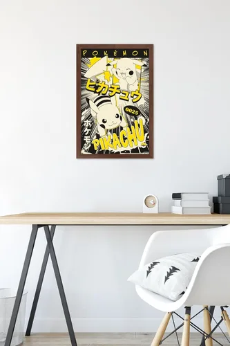 Vista 6 de Trends International Pokémon - Póster de pared de anime Pikachu, 14.72 x 22.37 pulgadas, versión enmarcada de caoba