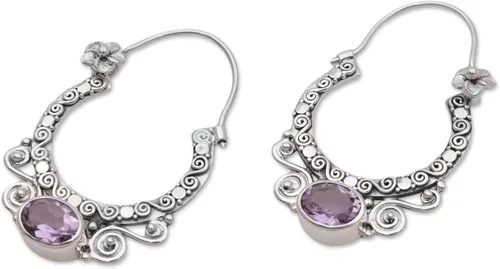 Vista 2 de NOVICA Aretes de aro hechos a mano de plata de ley 925 con diseño floral de Bali morado Indonesia piedra natal 1.7 pulgadas de alto x 0.2 pulgadas
