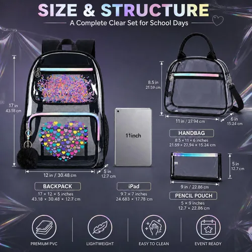 Vista 4 de AGSDON Mochila transparente, resistente bolsa transparente para libros, mochilas de PVC transparente para mujeres y hombres 17 negro transparente