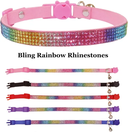Vista 3 de THAIN Bling cat Collar de gatito Rainbow Rhinestone Breakaway Diamond con campana Terciopelo suave liberación rápida (rosa)