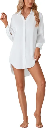 Vista 6 de LYANER Camisa de noche de seda con botones y manga larga para mujer, con abertura, para novio