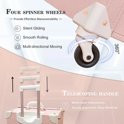 Vista 6 de Unitravel Juego de equipaje vintage de 3 piezas para mujer con cerradura TSA, Rosa en relieve.
