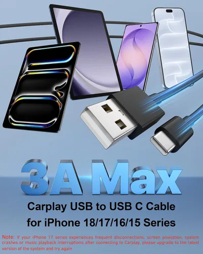 Vista 2 de Cable Carplay de coche para iPhone 18/18 Pro Max/17/16/15 Pro Max Cable cargador Negro