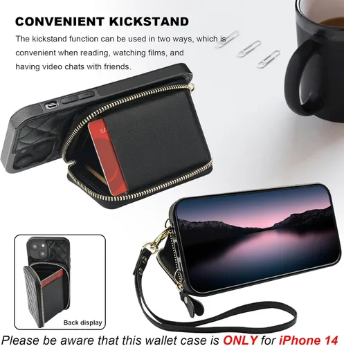 Vista 5 de Bocasal Funda tipo cartera cruzada para iPhone 14, con bloqueo RFID, de piel sintética, con cremallera, funda tipo cartera con función atril