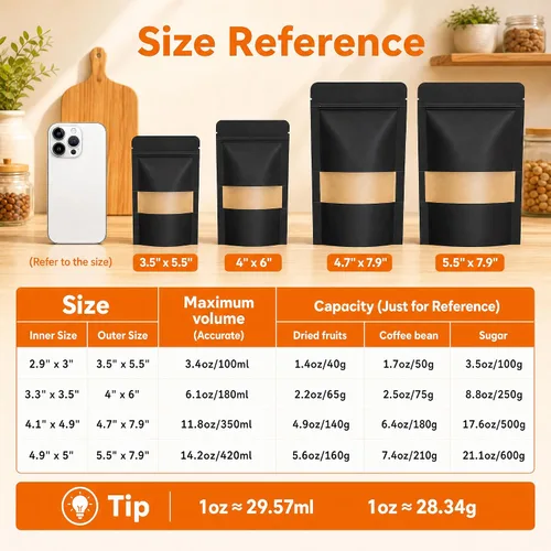 Vista 2 de 100 bolsas de papel kraft negro con ventana, bolsas de pie de 3.5 x 5.5 pulgadas, bolsas de almacenamiento de alimentos para productos de embalaje