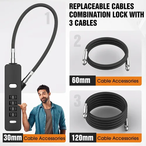 Vista 3 de Cerraduras de cable con combinación, cuerda de alambre de 4 dígitos con combinación de 4 dígitos para cables de acero de 3 longitudes para armario