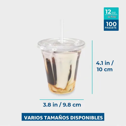 Vista 3 de Freshware Vasos de plástico desechables transparentes de 12 onzas con tapas planas y popotes, paquete de 100 vasos de plástico transparente, vasos