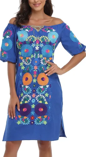 Vista 2 de YZXDORWJ Vestido bordado mexicano de manga corta para mujer