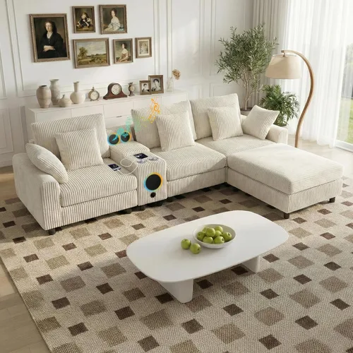 Vista 12 de MAKIAAP Sofá modular de pana de 83 pulgadas con altavoces, cómodo sofá biplaza de asiento profundo con otomana móvil, consola, cargador USB, Beige