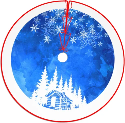 Vista 5 de Falda de árbol de Navidad azul de 48 pulgadas, falda de árbol de Navidad rústica gruesa con copo de nieve, decoración de invierno feliz año nuevo