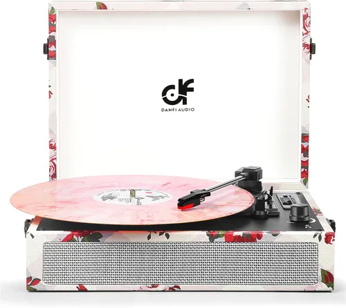Vista 11 de Tocadiscos de vinilo Bluetooth con altavoces integrados, tocadiscos portátil vintage de 3 velocidades con auriculares de grabación USB/conector
